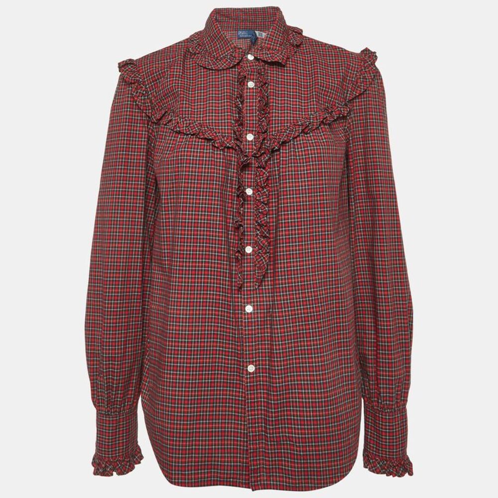 Polo Ralph Lauren Red Plaid Cotton Ruffle Trim Shirt M